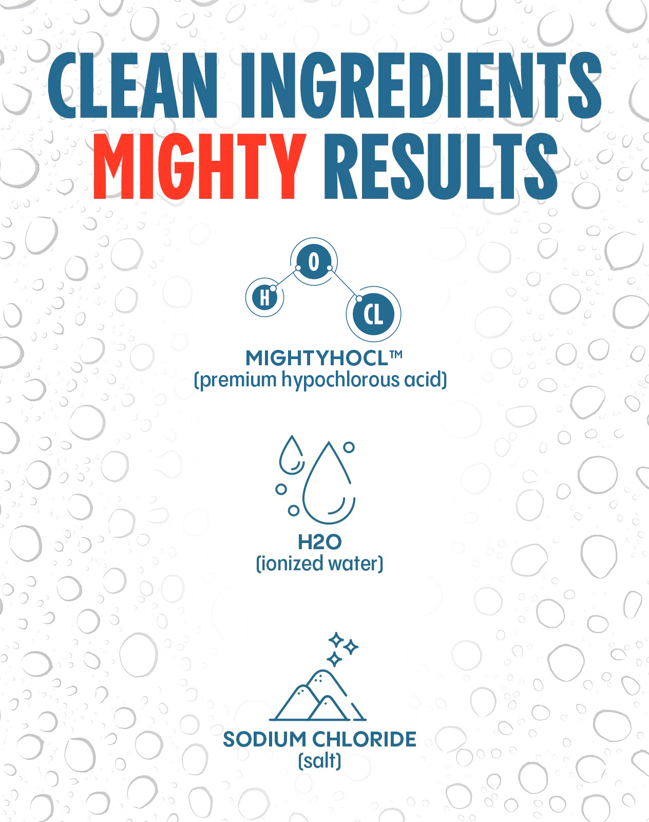 Three clean ingredients: ionized water, sodium chloride, and Hypochlorous acid.